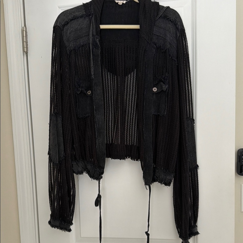 POL Black Open-Knit Hooded Cardigan